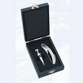 Wine Opener And Stopper Set/ Silver Piece In Black Wood Box (Screened)